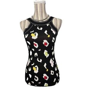 VTG Cache Womens MEDIUM (4-6) Top Black Print Sleeveless Halter Sweater Knit Y2K